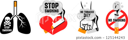 Do not smoke Vector Logo. Set of Concept Images with Text, Cigarette, Lungs, Hearts, Death Elements in a vector illustration 125144243