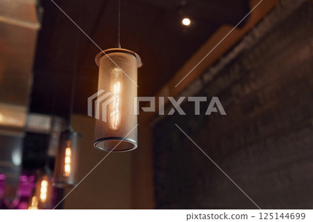 Close up view of the little chandelier in the bar 125144699