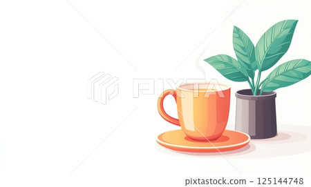Cozy cup of tea with a potted plant. 125144748