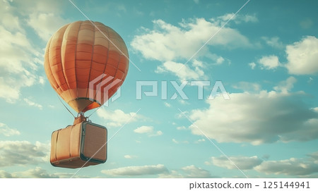 Hot air balloon floating in a blue sky with clouds. 125144941