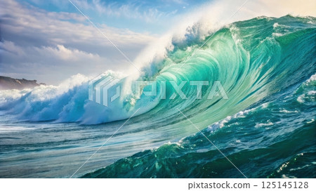 Vibrant ocean wave crashing against the shore 125145128