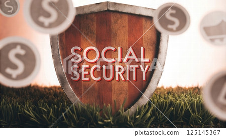 Social security benefits concept, Social Security shield with dollar signs backdrop 125145367