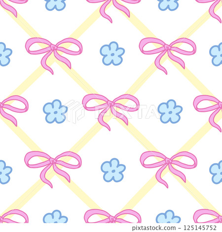 Coquette Pink Bow with Blue Daisy Pattern. Pretty Girly Print on Yellow Cross Ribbon background. Trendy feminine Romantic Template for greeting cards, wedding, fabric, wrapping. Vector Illustration. Coquette Pink Bow with Blue Daisy Pattern. Pretty Girly Print on Yellow Cross Ribbon background. Trendy feminine Romantic Template for greeting cards, wedding, fabric, wrapping. Vector Illustration. 125145752