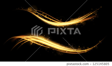 Stunningly Elegant Golden Light Streaks Present on a Rich Black Background Perfect for Various Design Applications Stunningly Elegant Golden Light Streaks Present on a Rich Black Background Perfect for Various Design Applications 125145805