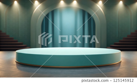 podium concept, Empty stage with turquoise backdrop and spotlights 125145912