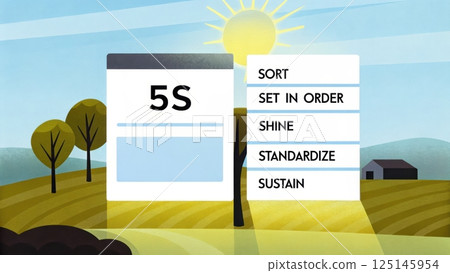 The 5S Sort Set in Order Shine Standardize and Sustain, 5S methodology visual representation with landscape backg... 125145954