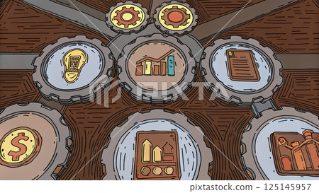 The 5S Sort Set in Order Shine Standardize and Sustain, Cogs with icons representing various concepts 125145957