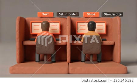 The 5S Sort Set in Order Shine Standardize and Sustain, Office teamwork with figurines at computers 125146182