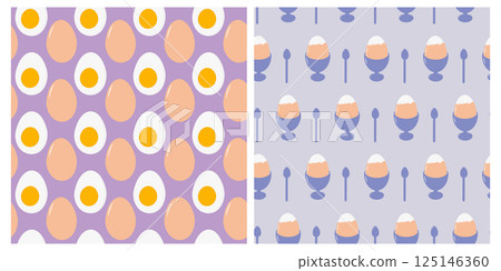 Beige egg and Half hard boiled egg with yolk Partially peeled hard boiled egg Seamless Patterns Set 125146360