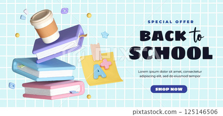 Promotional back to school image with coffee, books, and notes, vector illustration 125146506