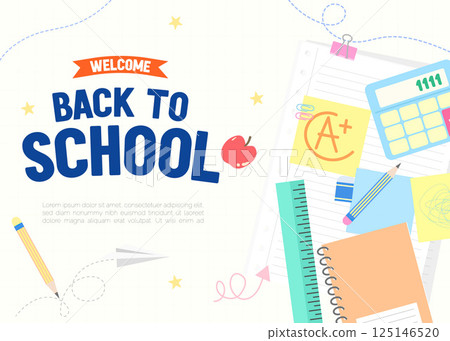 Vibrant Welcome Back to School Template with Essentials, Vector Illustration 125146520