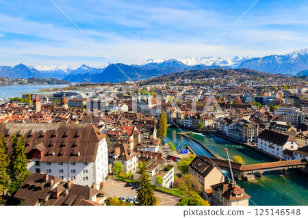 View of the Reuss river and old town of Lucerne (Luzern) city, Switzerland. View from above View of the Reuss river and old town of Lucerne (Luzern) city, Switzerland. View from above 125146548