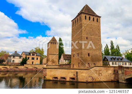 View on medieval bridge Ponts Couverts over the  River Ill in Strasbourg, Alsace, France 125146557