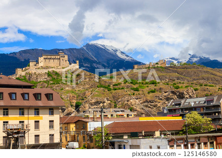 View of Tourbillon Castle and Valere Basilica in Sion, Switzerland 125146580