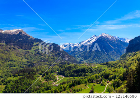 Panoramic view of Meiringen, near Reichenbach falls (Reichenbachfall) at the Swiss Alps in Switzerland Panoramic view of Meiringen, near Reichenbach falls (Reichenbachfall) at the Swiss Alps in Switzerland 125146590