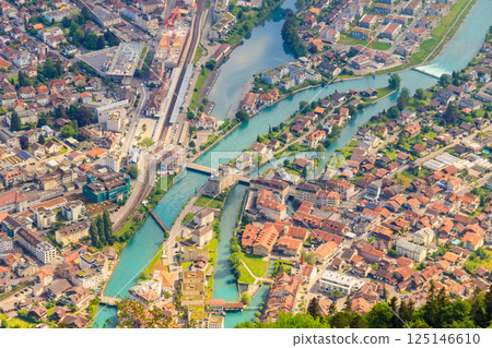 Aerial view over the city of Interlaken in Switzerland. View from Harder Kulm viewpoint 125146610