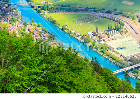 Aerial view over the city of Interlaken in Switzerland. View from Harder Kulm viewpoint Aerial view over the city of Interlaken in Switzerland. View from Harder Kulm viewpoint 125146623