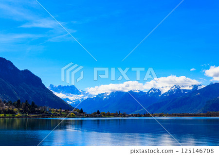View of the Alps and Lake Geneva in Montreux, Switzerland View of the Alps and Lake Geneva in Montreux, Switzerland 125146708