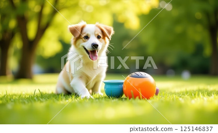 Happy puppy playing in the park on a sunny day with a colorful ball and water bowl 125146837