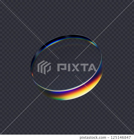 3d transparent glossy round disc with dispersion effect. Rainbow colors reflection glass. Vector illustration. 125146847