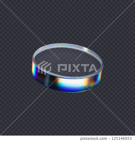 3d transparent glossy round disc with dispersion effect. Rainbow colors reflection glass. Vector illustration. 125146853