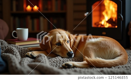 Cozy indoor setting with a golden retriever relaxing by a fireplace while a warm drink sits nearby on a stack of books Cozy indoor setting with a golden retriever relaxing by a fireplace while a warm drink sits nearby on a stack of books 125146855
