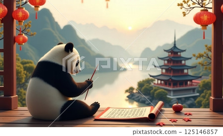 Panda practicing calligraphy near serene river in a picturesque landscape at dawn Panda practicing calligraphy near serene river in a picturesque landscape at dawn 125146857