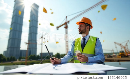 Construction manager oversees project development while taking notes and checking plans at a busy construction site in the city, with tall buildings and cranes in the background 125146925