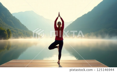 Serene morning yoga practice by the tranquil lake surrounded by misty mountains at dawn in nature's embrace 125146944