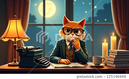 A cat in glasses sits thoughtfully at a desk with a typewriter, lamp, and candles during a moonlit night at home 125146949