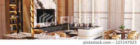 Luxury living and dining room with marble and gold accents 125147023