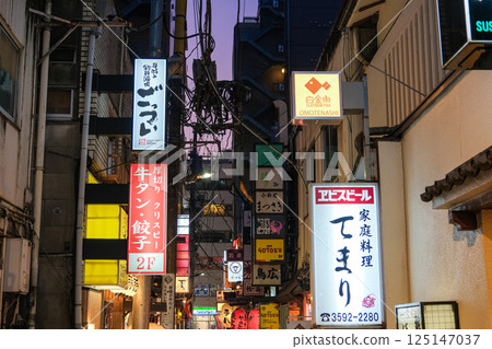 Night view of Karasumori Miyawaki Street, an izakaya district in Shinbashi, Minato Ward, Tokyo Night view of Karasumori Miyawaki Street, an izakaya district in Shinbashi, Minato Ward, Tokyo 125147037