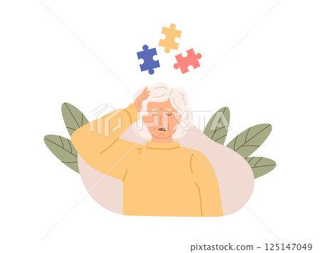 Elderly woman experiencing memory loss and cognitive decline with puzzle pieces symbolizing confusion. Alzheimer disease and dementia concept. Flat Style Vector Illustration. 125147049