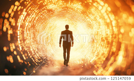 Silhouette of a businessman facing the future surrounded by digital light 125147059
