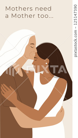 Adult Daughter Hugging Elderly Mother. Emotional Family Moment Illustration 125147390