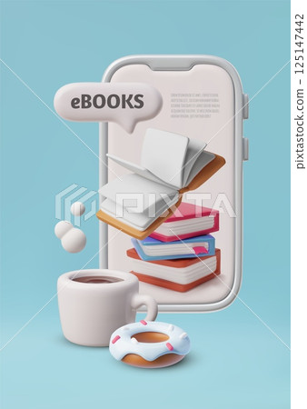 Ebooks online book store 3D vector design, electronic library in smartphone, distance education, cup of coffee and donut 125147442