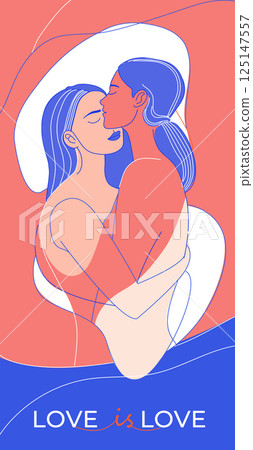 Minimalist Line Art of a Loving Lesbian Couple LGBTQ Pride Illustration 125147557