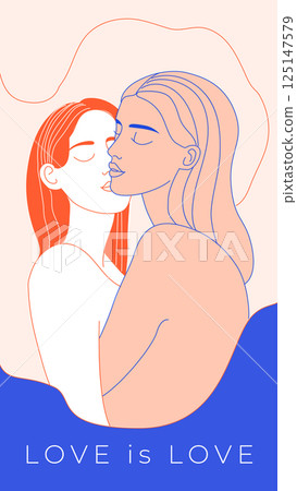 Minimalist Line Art of a Loving Lesbian Couple LGBTQ Pride Illustration 125147579