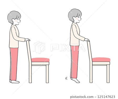Illustration of a senior woman using a chair to do heel-lowering and heel-raising exercises 125147623