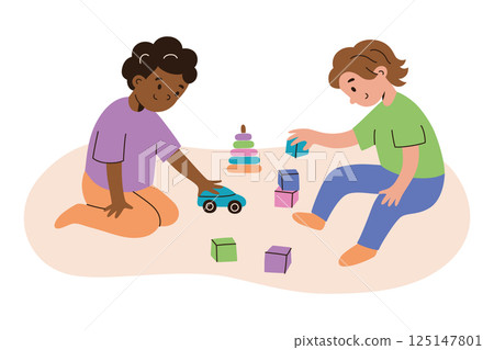 Cute cartoon toddlers, boy and girl, playing together with toys, blocks, stacking rings, and toy car. Joyful early childhood vector illustration, scene for parenting, educational kids products 125147801