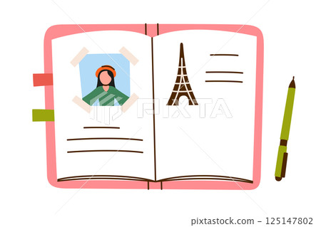 Cute flat style illustration of travel diary or memory journal with pen, vector planner icon for recording vacation experiences and trip reflections. Feminine and cozy design for travel lovers Cute flat style illustration of travel diary or memory journal with pen, vector planner icon for recording vacation experiences and trip reflections. Feminine and cozy design for travel lovers 125147802