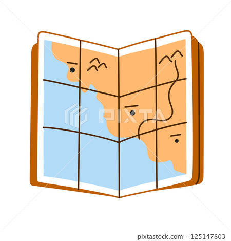 Flat cartoon style illustration of tourist map or travel guide, vector icon for summer holidays, sea resorts, tropical vacations and trip planning visuals, isolated colored clipart on white background 125147803