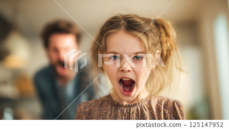 A child cries while parents argue in the background. The crying child highlights the emotional pain and turmoil caused by parental arguments. Generative AI. 125147952