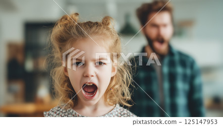 A child cries while parents argue in the background. The crying child highlights the emotional pain and turmoil caused by parental arguments. Generative AI. 125147953