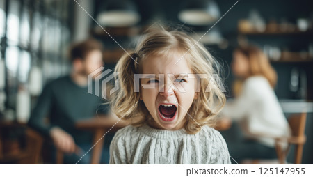A child cries while parents argue in the background. The crying child highlights the emotional pain and turmoil caused by parental arguments. Generative AI. 125147955