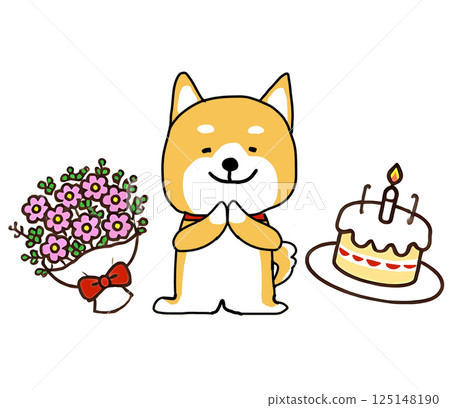 Shiba Inu is happy surrounded by flowers and cake Shiba Inu is happy surrounded by flowers and cake 125148190