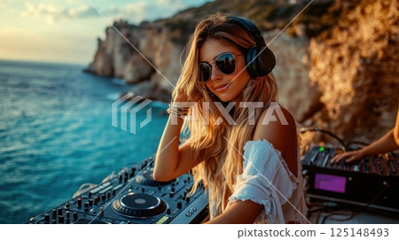 young woman DJ wearing sunglasses and headphones, mixing music on a console by the sea 125148493