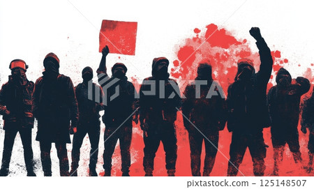 a group of masked protesters in dark clothing standing against a white background with red paint 125148507