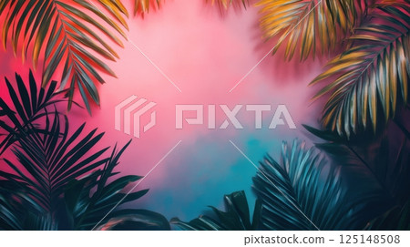 vibrant tropical palm leaves framing a dreamy pink and blue gradient background 125148508