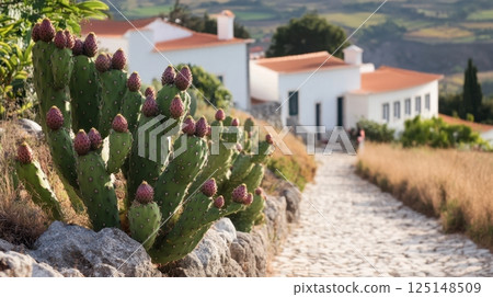 a cluster of blooming prickly pear cacti growing along a rustic stone path leading to charming white houses with terracotta roofs 125148509